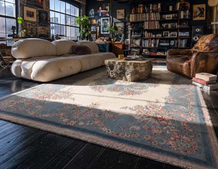 dark wood floor floral rug
